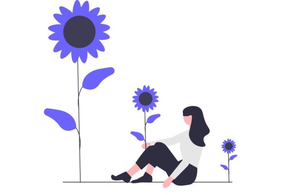 A graphic drawing of a woman with long black hair in a grey top and black trousers. She sits on the ground with flowers of small, medium, and large heights around her, indicating growth.