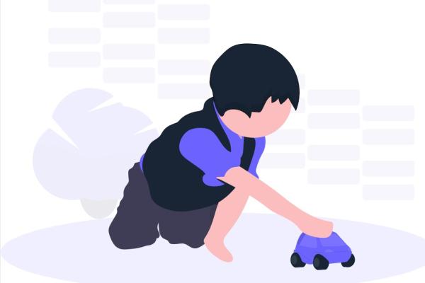 A graphic drawing of a small child with short black hair, wearing a blue shirt and a black vest and grey shorts. They are sitting on the floor pushing along a blue toy car.