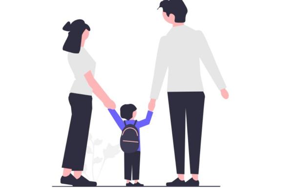 A graphic drawing of a mother, father, and a small child in the middle, holding both her parents hands. She has a black backpack on her back. The parents are wearing white tops with black trousers and shoes. All have black hair.
