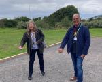 A photo of Cllr Wendy Griggs, Chairperson of North Somerset Council, and Cllr Mike Solomon, North Somerset Council's executive member for culture and leisure, about to throw boules to officially open the petanque court in Weston-super-Mare.