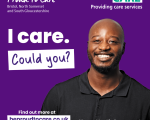Proud to Care branded graphic featuring a domiciliary care worker called Yves