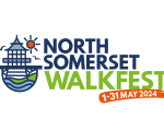 logo for North Somerset Walk Fest. Drawing of a pier with sunshine and the words 'North Somerset Walk Fest: 1 to 31 May 2024