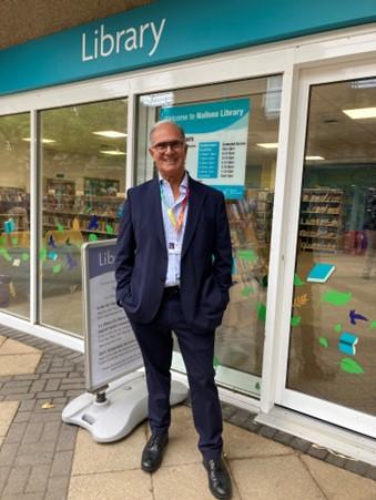 Councillor Solomon outside the new Nailsea library at the official opening event.