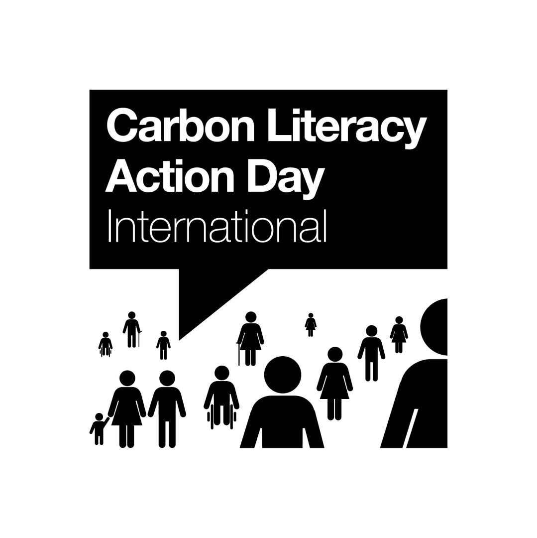 Logo with drawing of lots of people with the speech bubble above saying Carbon Literacy Action Day International