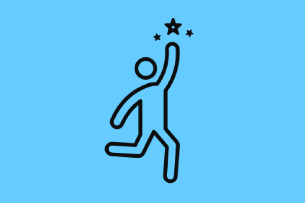 blue background with grey icon of person jumping