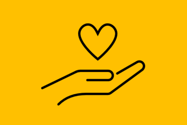 yellow background with grey hand holding a heart icon