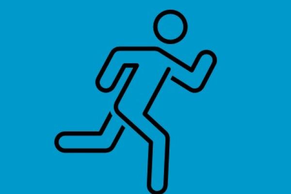 black icon of a person running on a blue background
