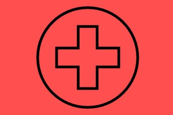 black icon of a medical cross on a red background