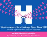 The Heritage Open Days logo of a white H that looks like the door to a castle with pink bunting and text that reads Weston-super-Mare Heritage Open Days 2023 Friday 8 to Sunday 17 September then links to the website www.heritageopendays.org.uk and the social media accounts
