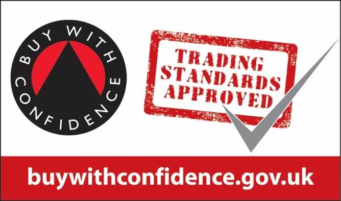  Buy with confidence logo with trading standards approved in a stamp and a grey check mark