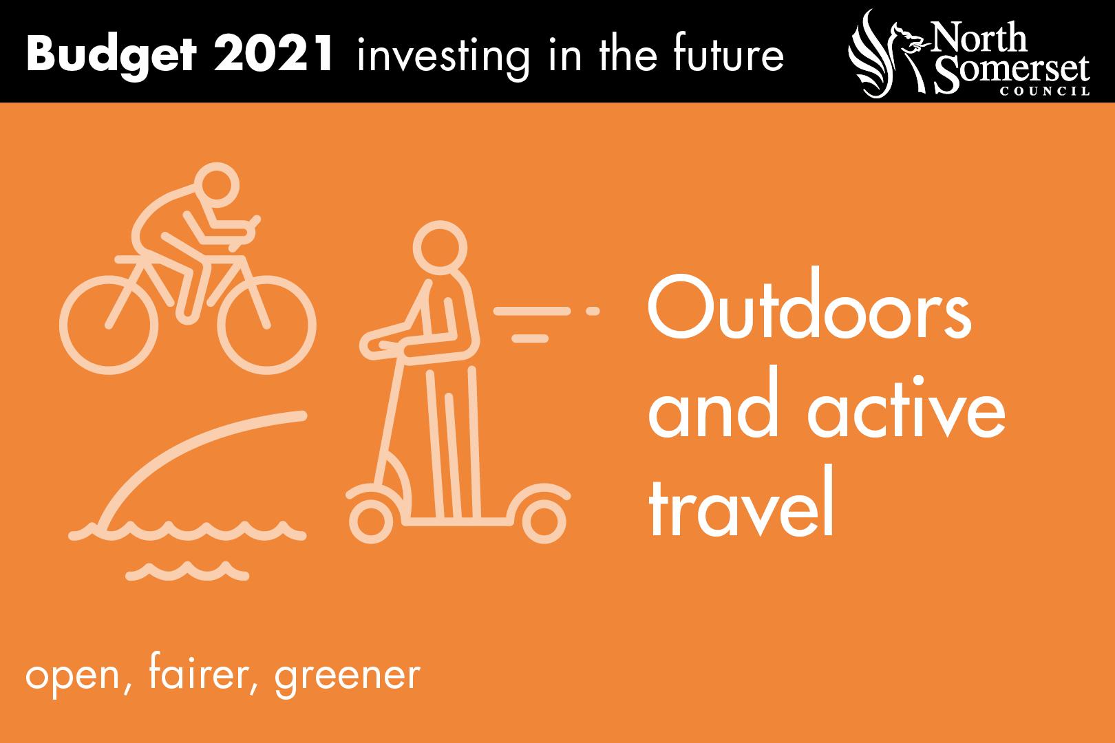 outlines of a cyclist, someone on a scooter and a beach with the words outdoors and active travel