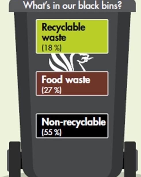 An NSC black wheelie bin with the figures for recyclable waste 18%, food waste 27% and non-recyclable, to illustrate what is in our black bins.
