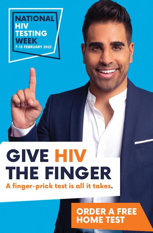 Man holding a finger up text says give HIV the finger, National HIV Testing Week  7 - 15 February