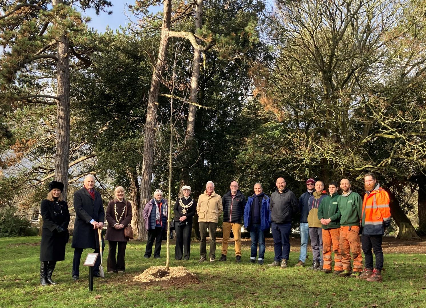 A photo of dignitaries, council officers and Glendale contractors at a planting of an oak tree in memory of Her Majesty Queen Elizabeth II at Ashcombe Park in Weston-super-Mare