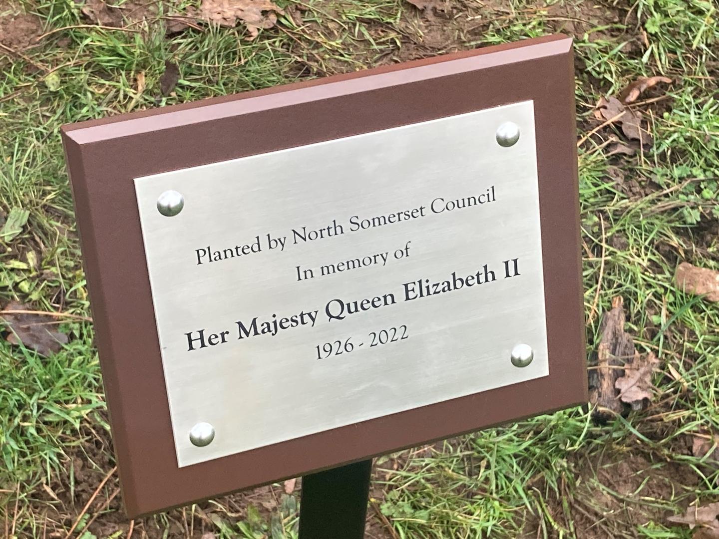 A plaque installed next to an oak tree in Ashcombe Park, Weston-super-Mare that reads Planted by North Somerset Council in memory of Her Majesty Queen Elizabeth II 1926-2022