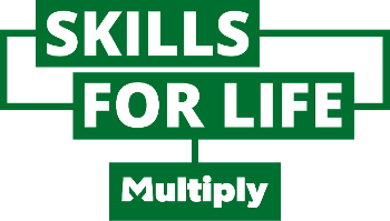 The national Multiply logo - Skills for Life Multiply in white text surrounded by green boxes