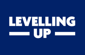 The government's levelling up logo - a dark blue horizontal box with white capital letters saying levelling up