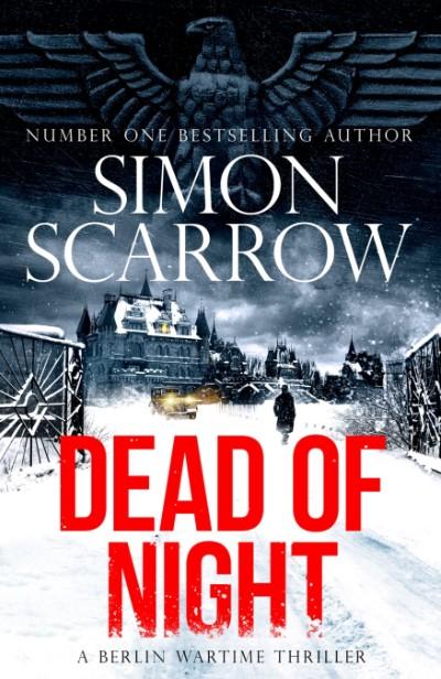 A photo of the Simon Scarrow Dead of Night book cover. It features a winter snow scene with a large castle in the background with the silhouette of a person walking towards it.