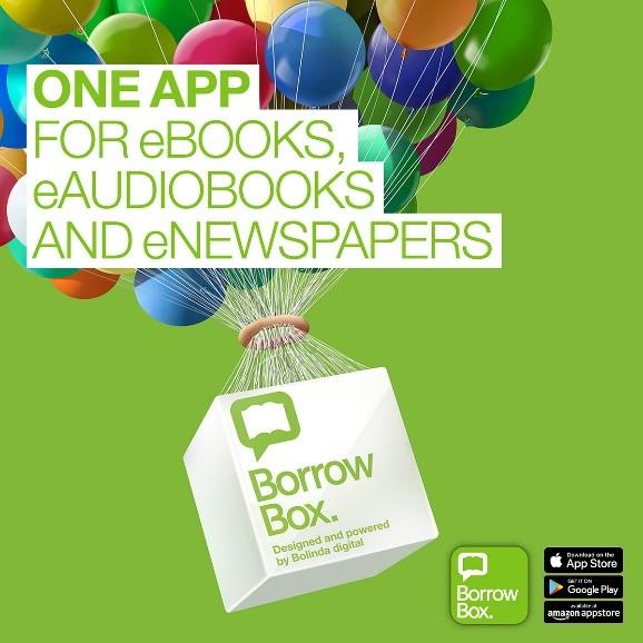 Logo for BorrowBox, showing a white paper bag being carried away by colourful ballons. Text reads One App for ebooks, eaudio, and enewspapers
