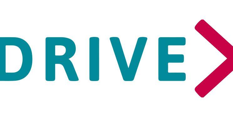 A logo with the word DRIVE in capital letters followed by a right facing arrow