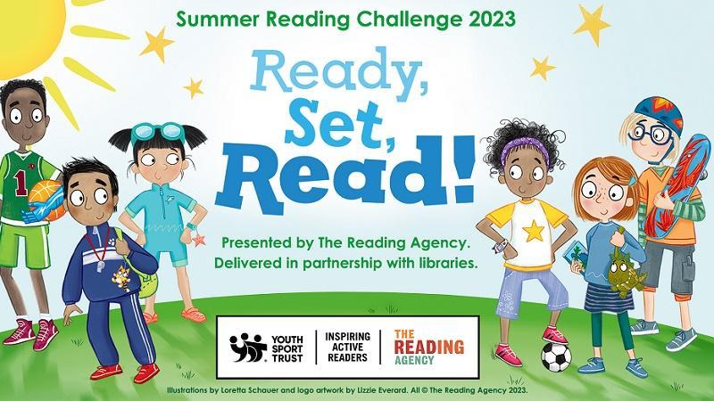 A Reading Agency graphic that reads Summer Reading Challenge 2023 Ready, Set, Read! The background is a cartoon of various children and young people dressed as though they're taking part in sports