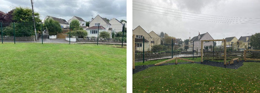 Two photos. The left photo is of an empty grass lawn surrounded by a metal fence, a road, and houses. The photo on the right is of the same area but with a newly installed wooden climbing frame.
