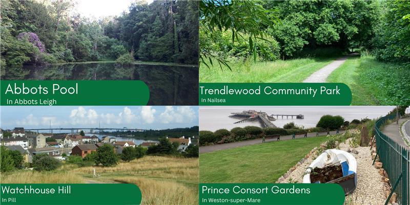 A montage of four photos of the parks in North Somerset that have been awarded a Green Flag in July 2023 - Abbots Pool in Abbots Leigh, Trendlewood Community Park in Nailsea, Watchhouse Hill in Pill and Price Consort Gardens in Weston-super-Mare.