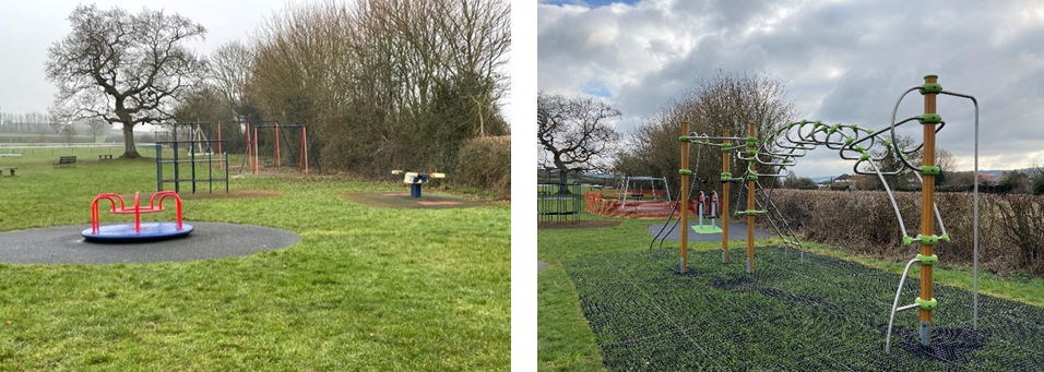 A new metal climbing frame has been added to a playing field which contains a set of swings and a roundabout.