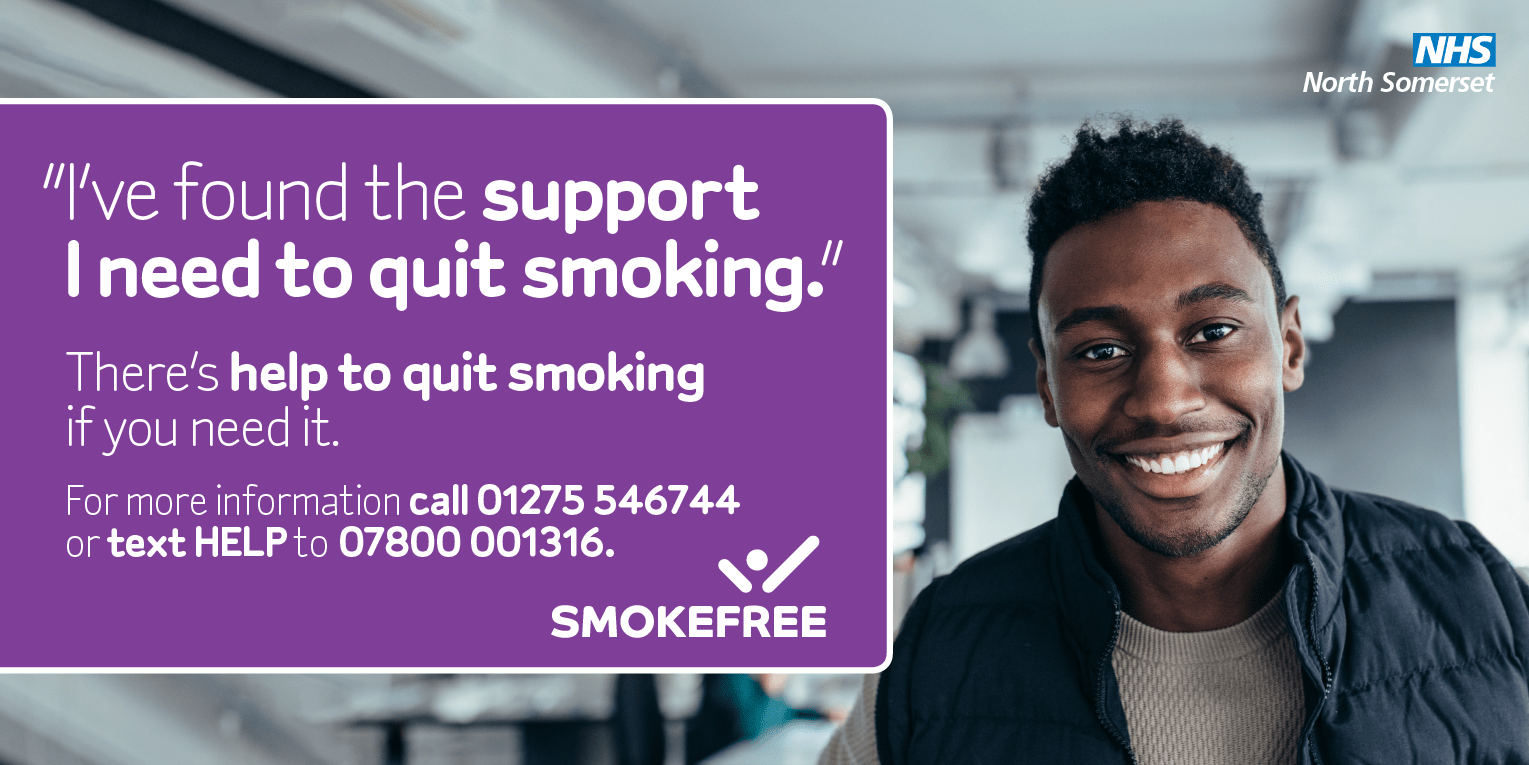 Photo showing a smiling man alongside Smokefree North Somerset contact details