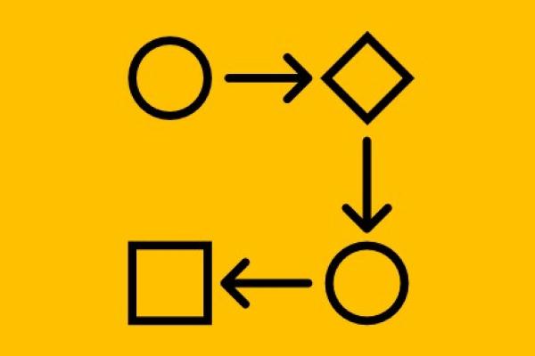 black flowchart icon on a yellow background