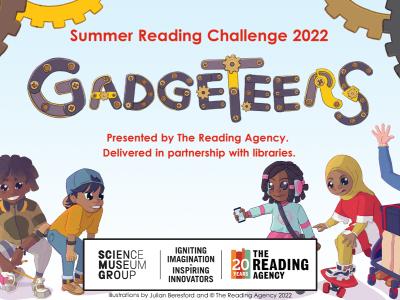 Summer Reading Challenge 2022 Gadgeteers logo, which features the word 'Gadgeteers' crafted out of purple and yellow parts and yellow screws. Red text underneath the logo says Presented by The Reading Agency. Delivered in partnership with libraries. Six cartoon-style characters surround the logo.  